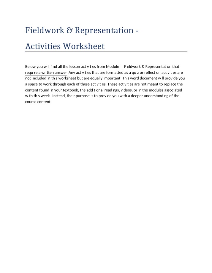 Fieldwork and Representation Worksheet