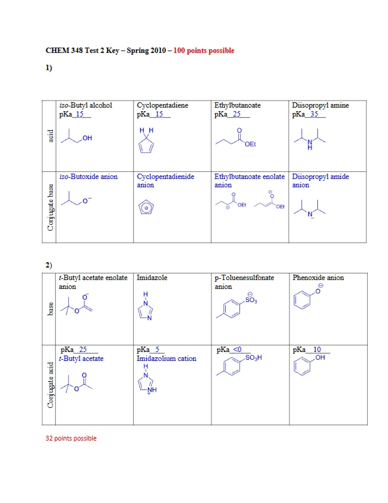 Key for Test Two (Chem 348)