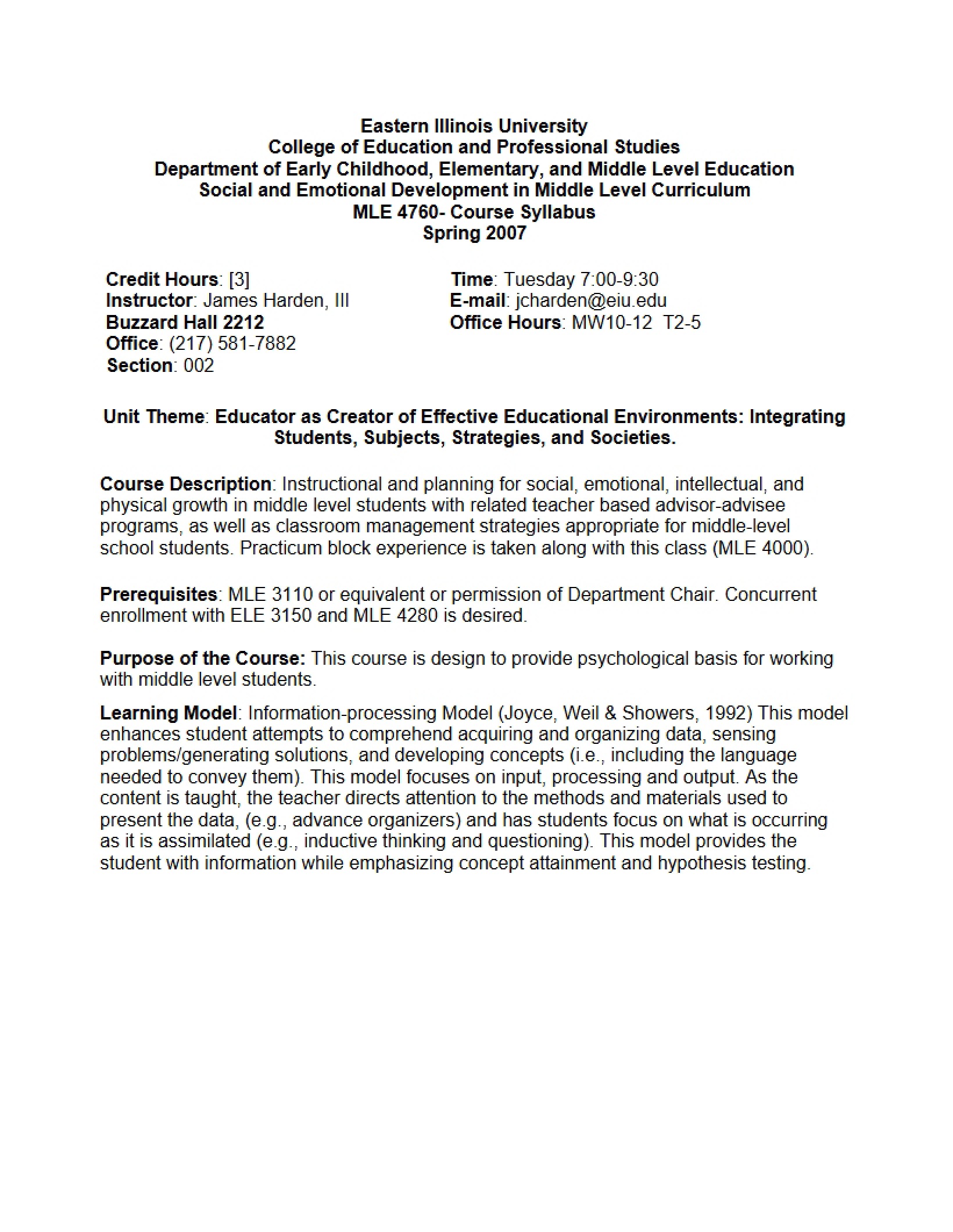 Harden Syllabus for MLE 4670