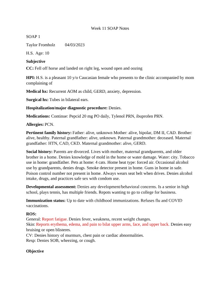 Medical Assessments and SOAP Notes - Taylor Fromholz
