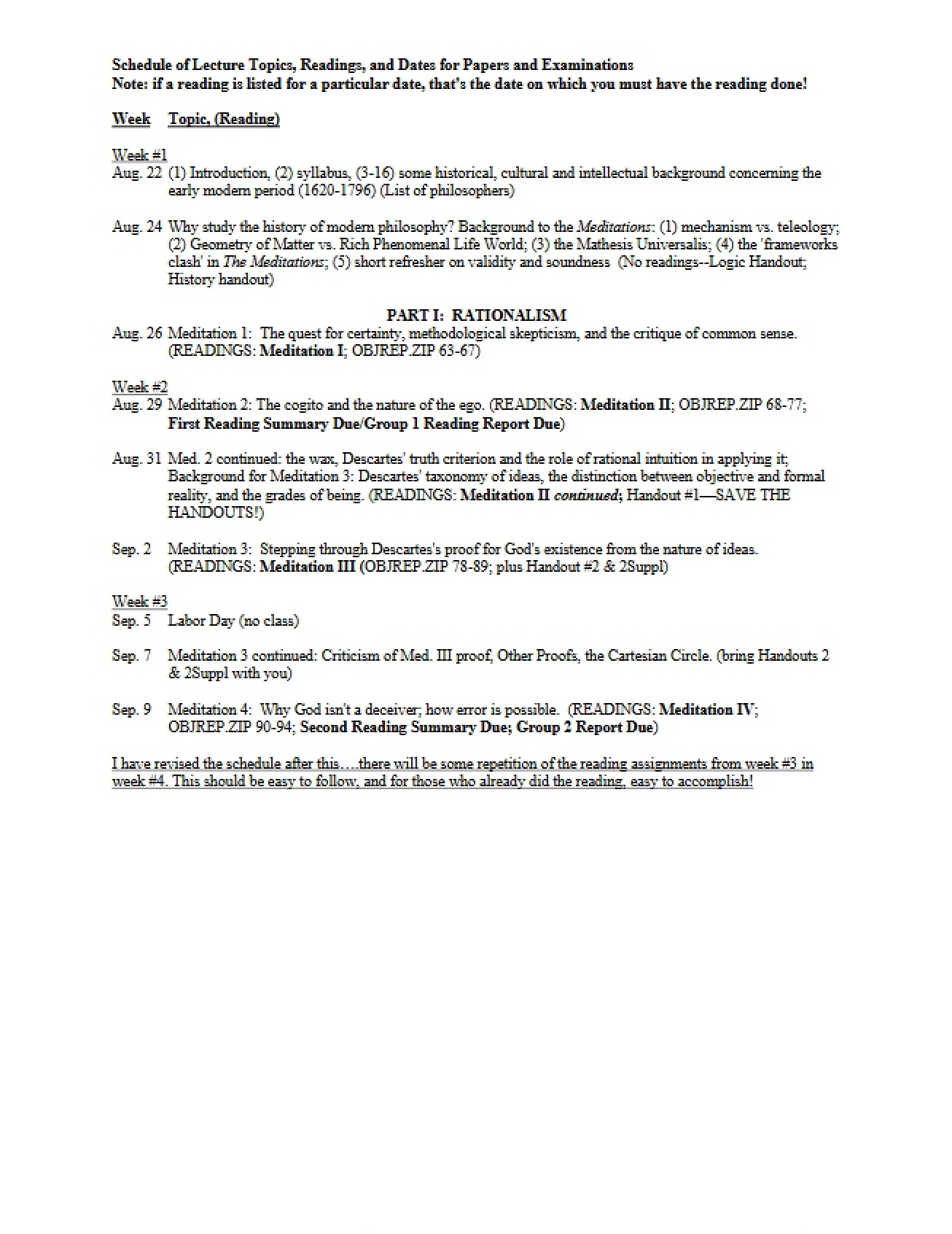 Schedule for Introduction to Western Philosophy Modern