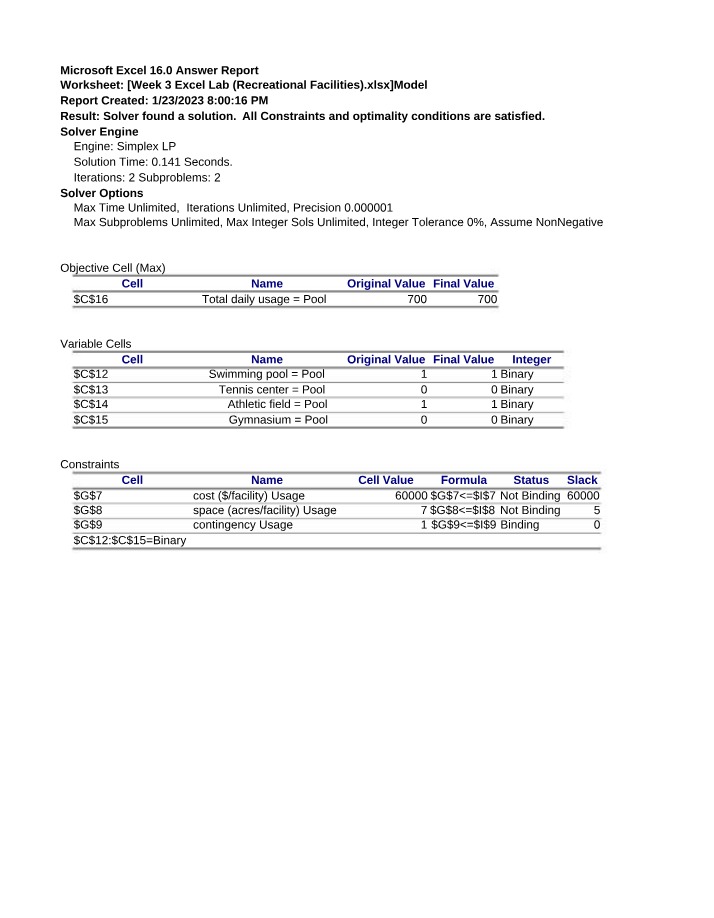 Recreational Facilities - Week 3 Excel Lab