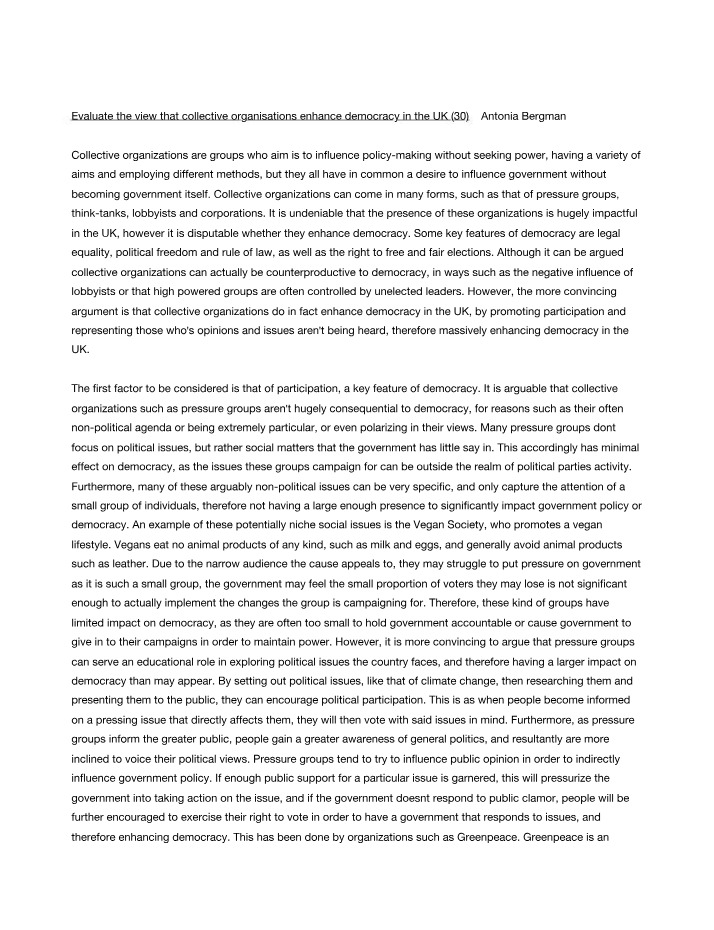Enhancing Democracy in the UK via Collective Organizations