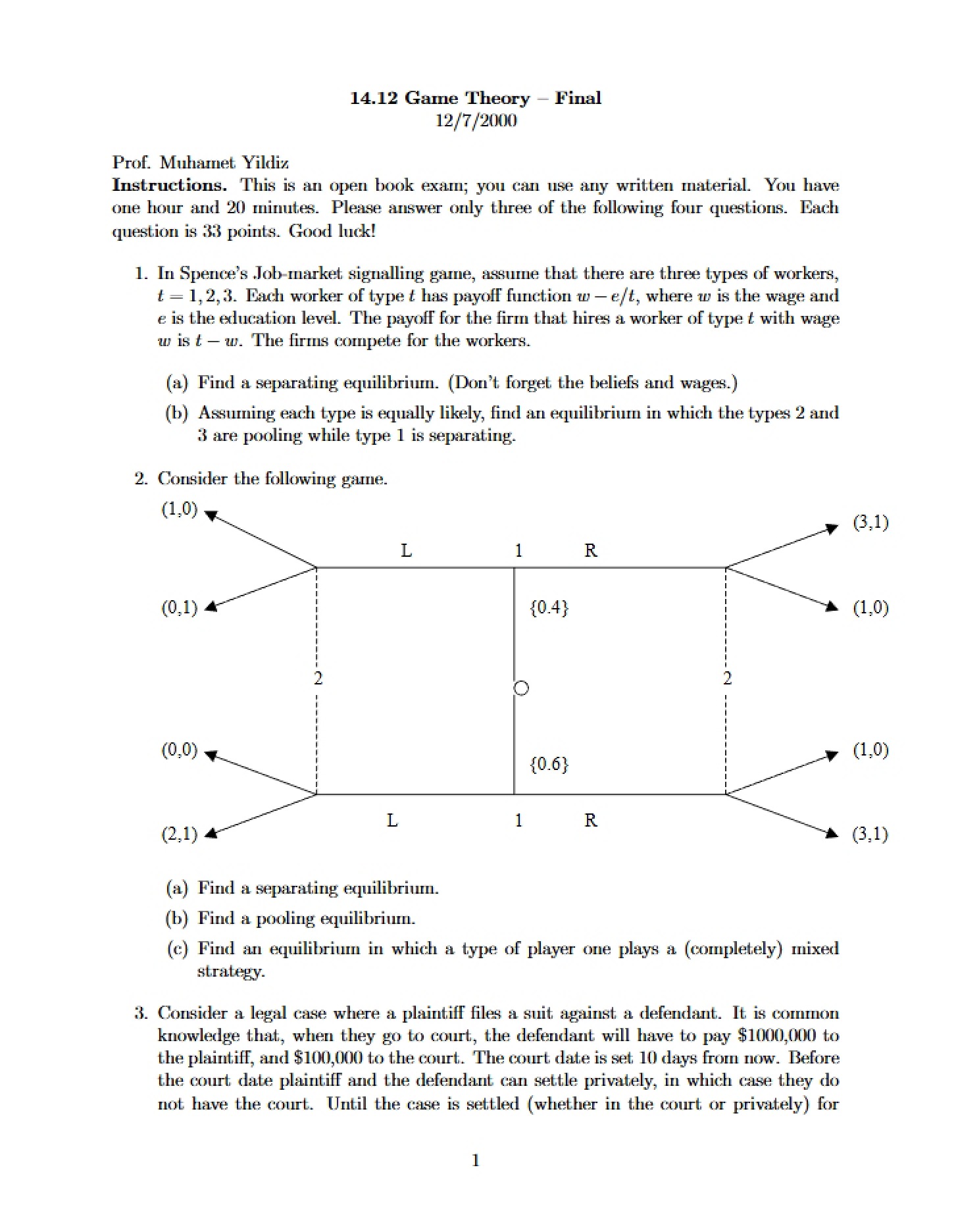 Final Exam Game Theory