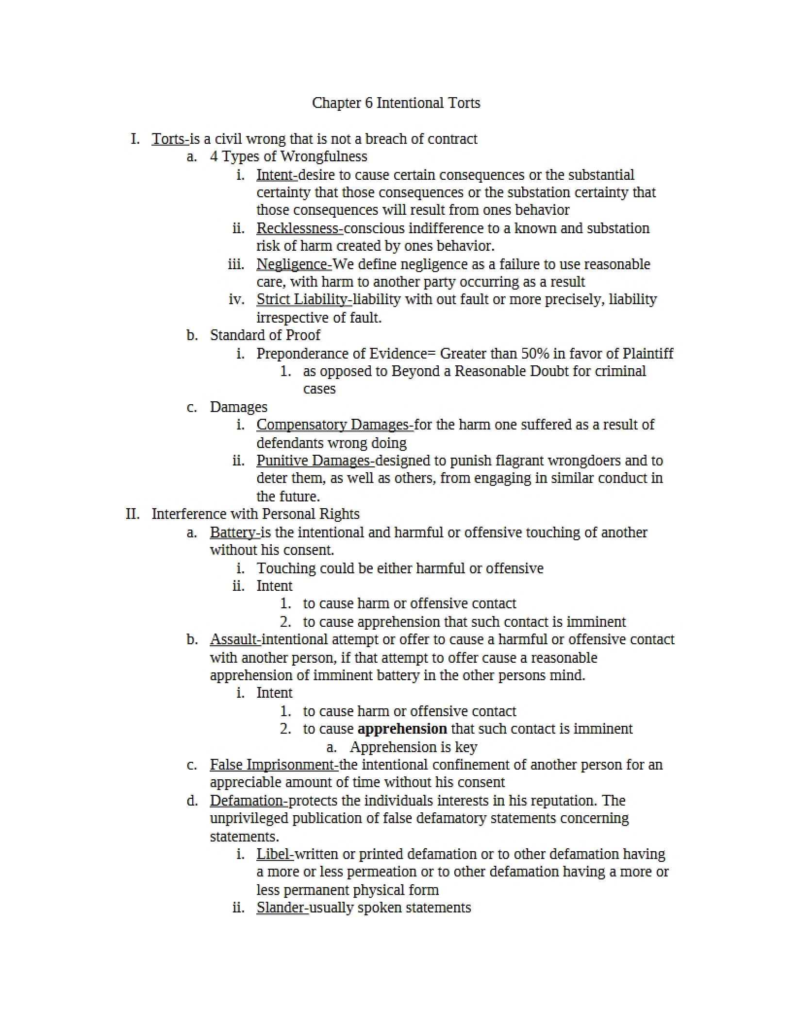 Intentional Torts Chapter Six