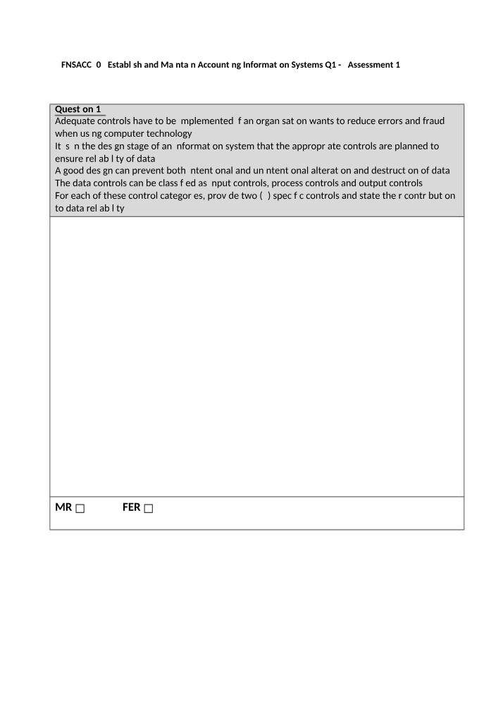 FNSACC505 Establish and Maintain Accounting Information Systems Assessment 1 Part B
