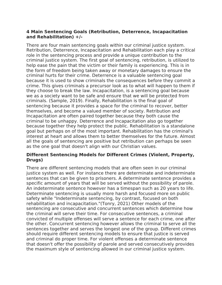 4 Main Sentencing Goals - CJUS 500 Discussion Board