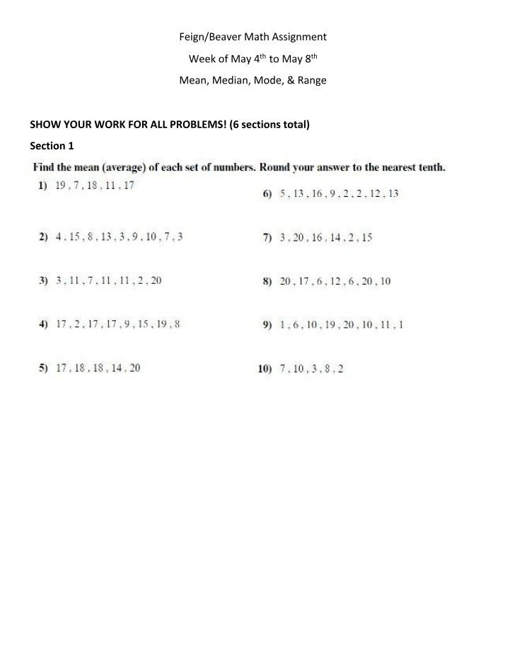 Mean, Median, Mode, and Range Assignment