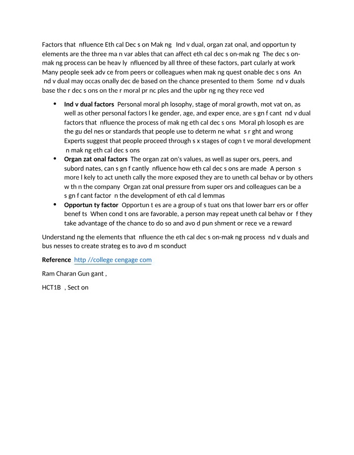 Ethical Decision Making - Individual Influencing Factors