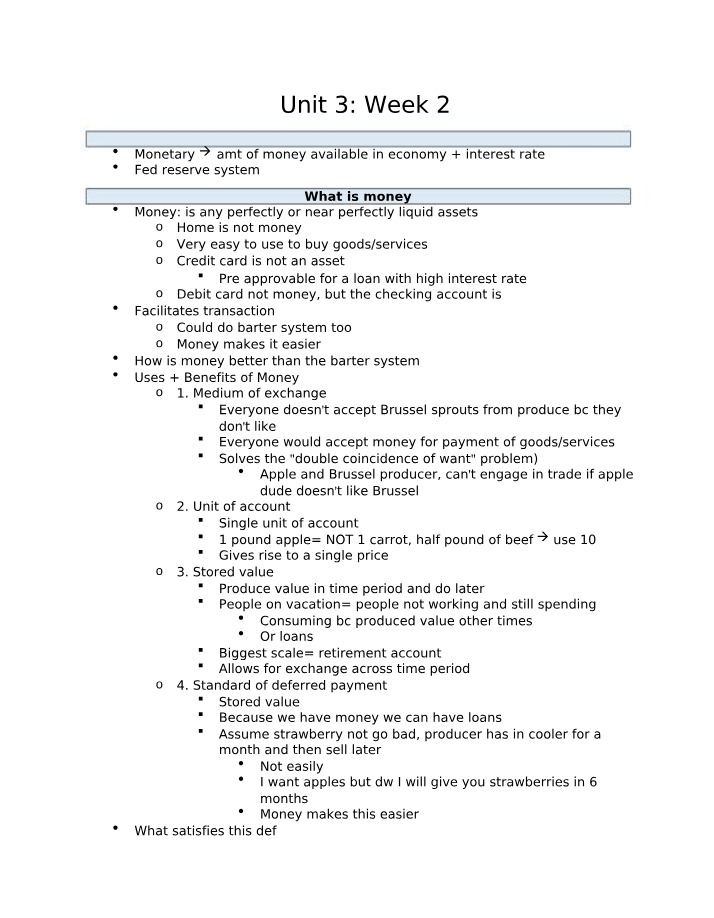 Unit 3, Week 2 Notes - Money and Monetary Policy