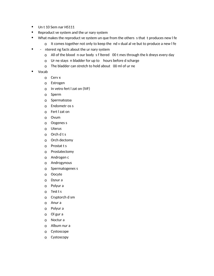 Unit 10 Seminar Notes - Reproductive and Urinary Systems