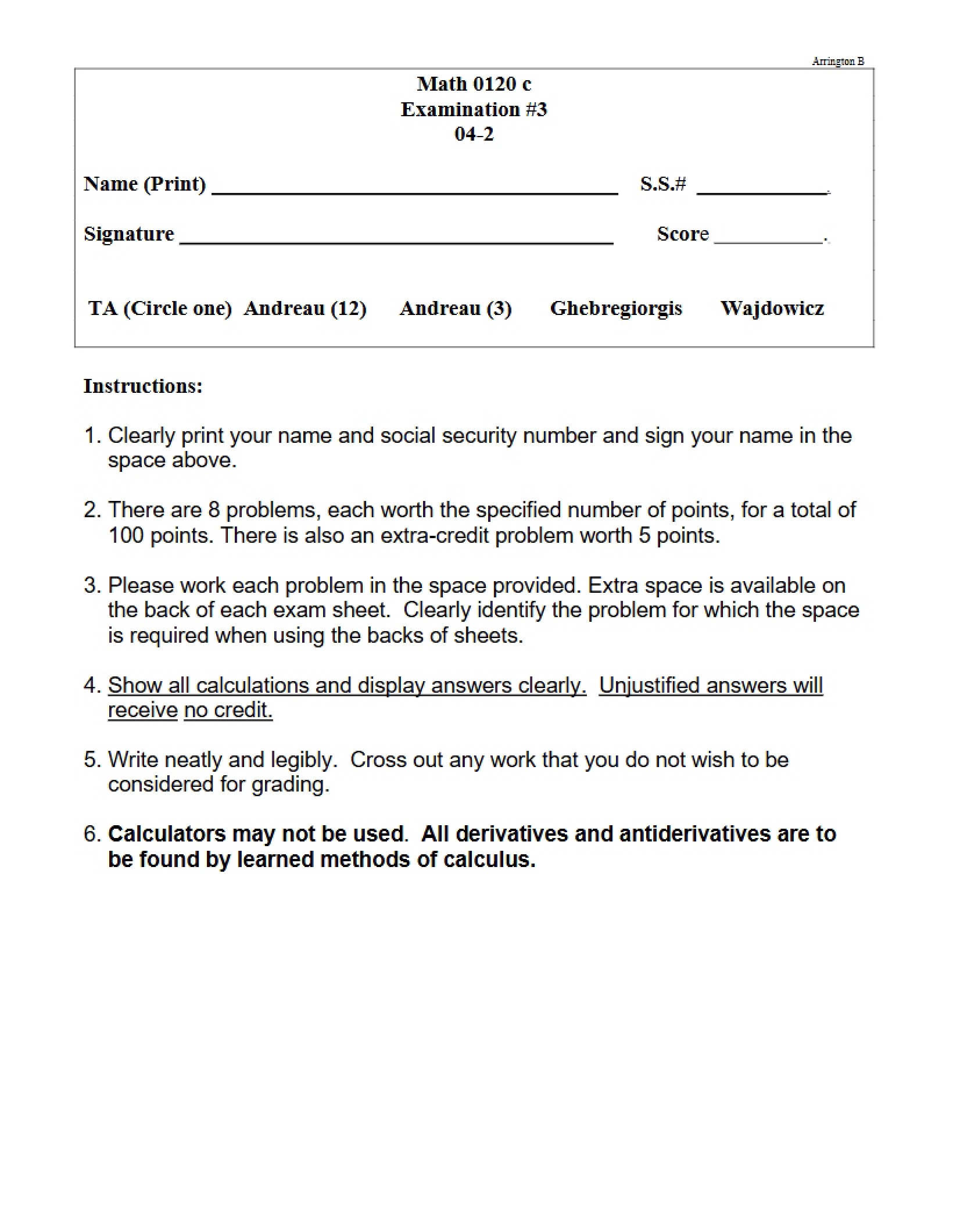 Math 1020 Examination