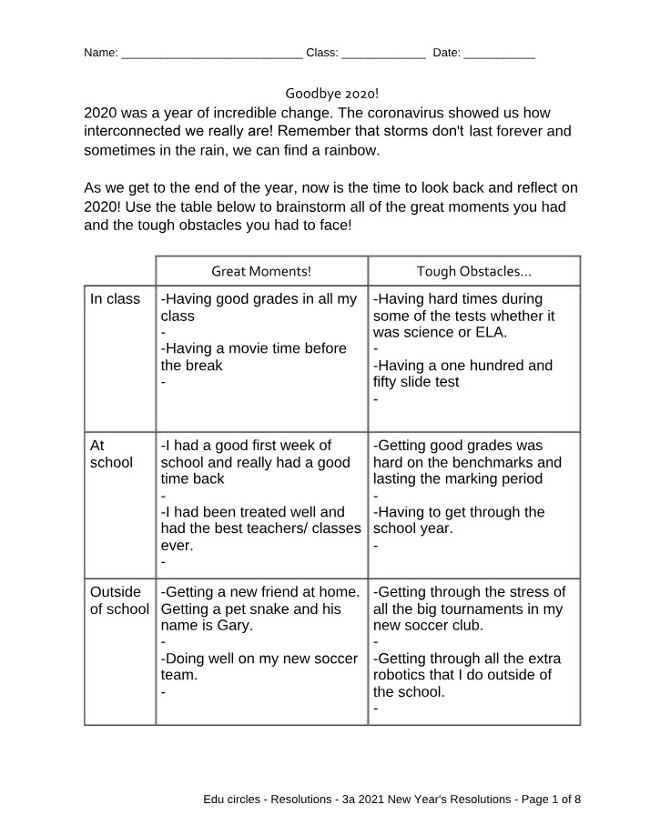 Worksheet for New Year's Resolutions