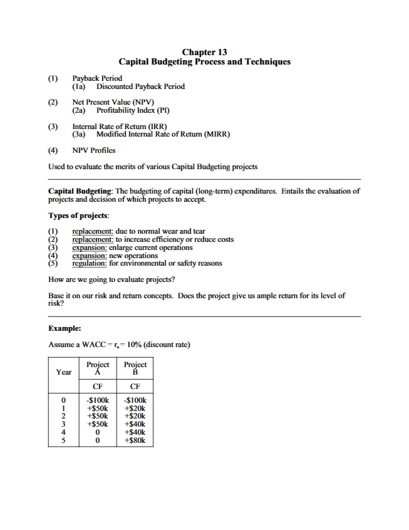 Class Notes Capital Budgeting (Chapter 13)