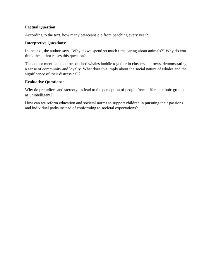 Whales Assignment Questions
