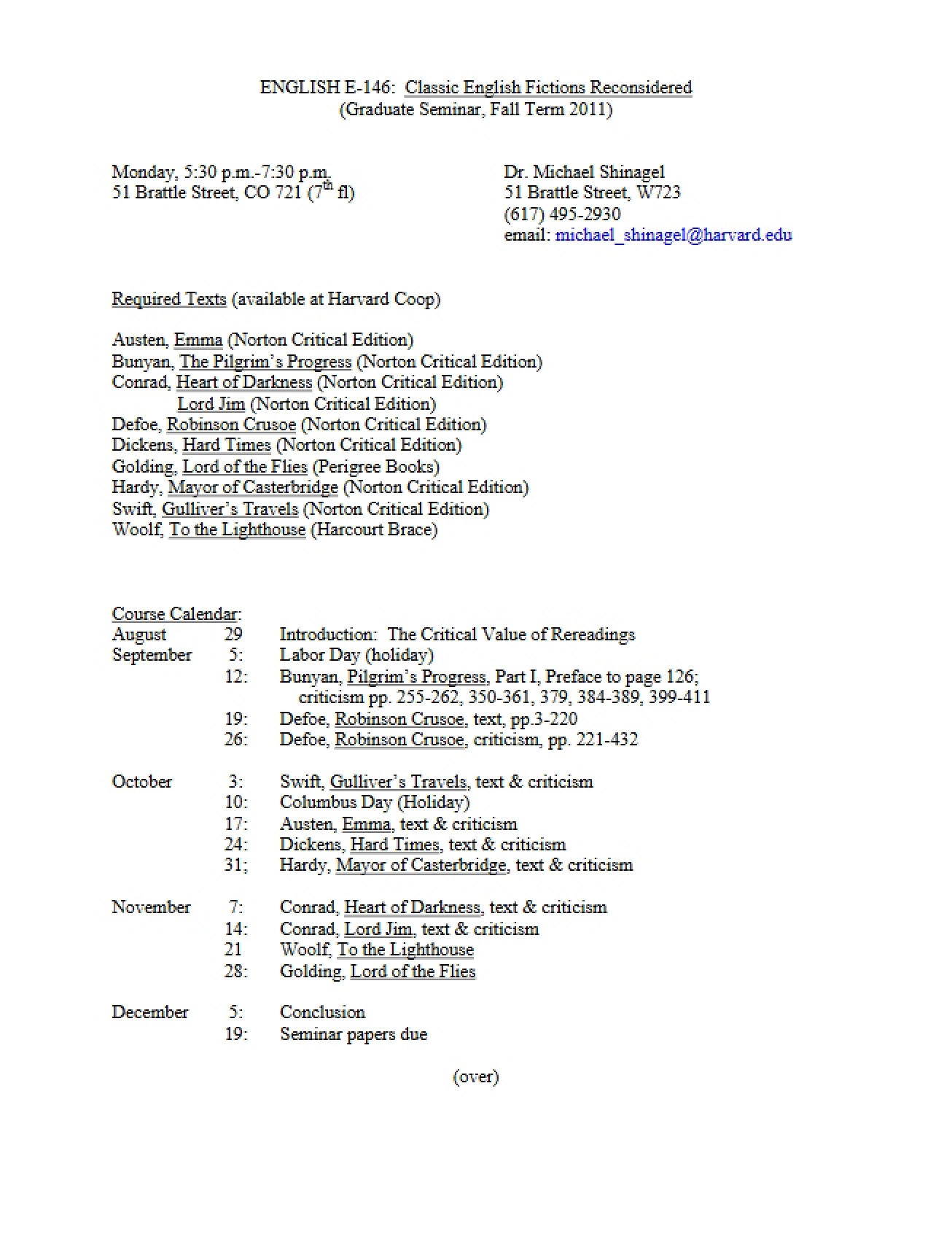 Classic English Fiction Reconsidered Syllabus