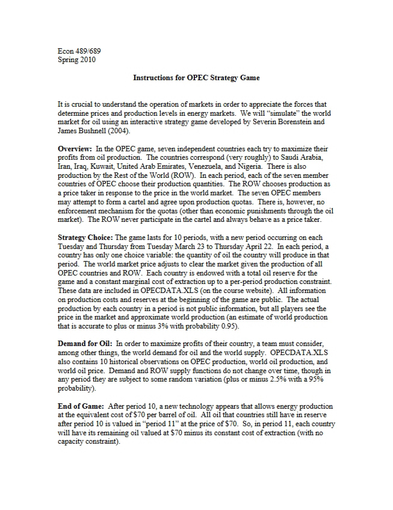 Set of Instructions for an OPEC Simulation