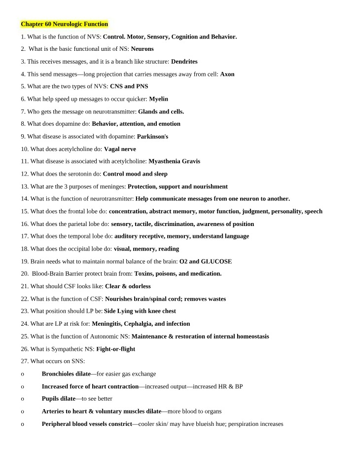 Questions for Neuro Assessment