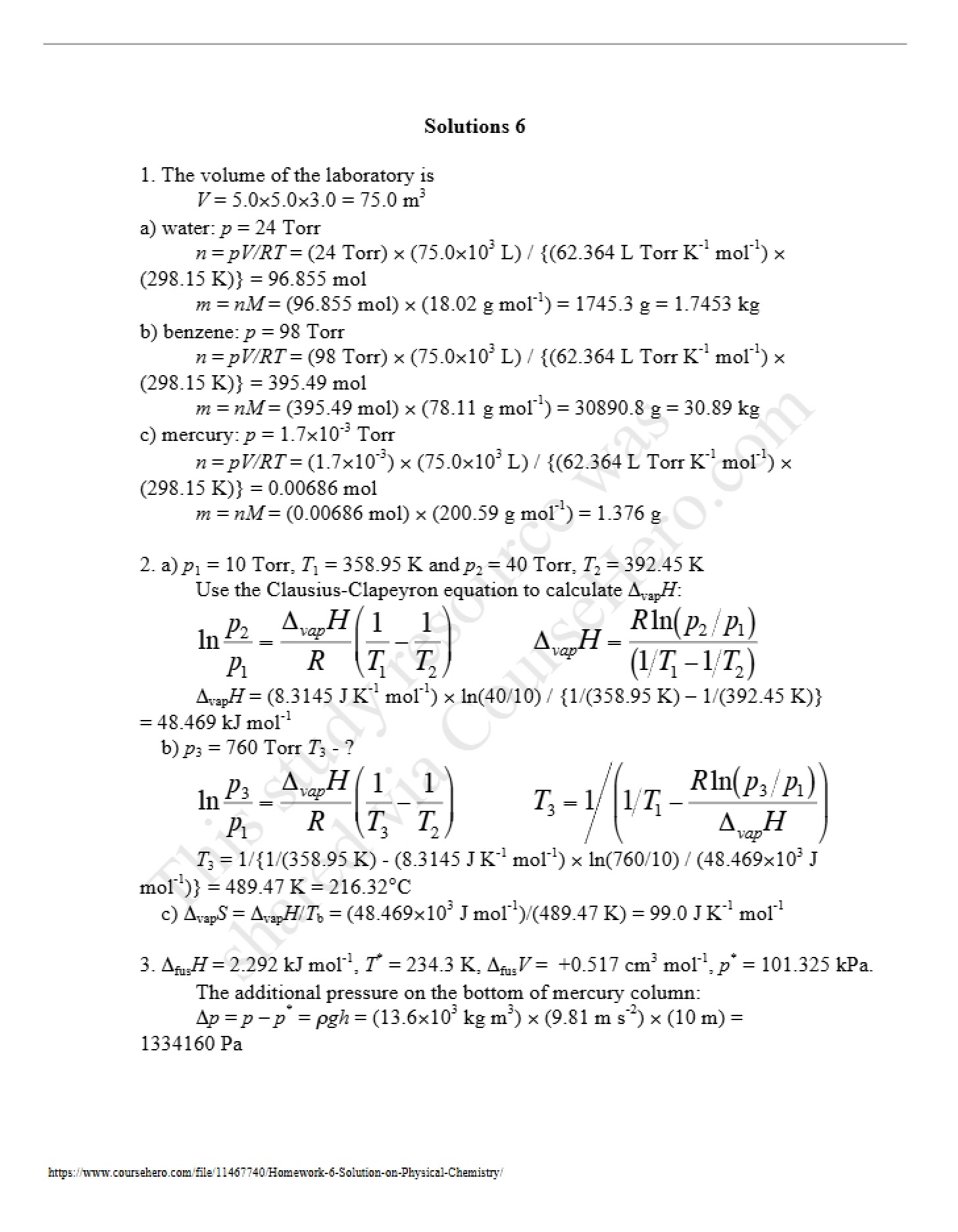 Physical Chemistry Solutions (Homework 7)
