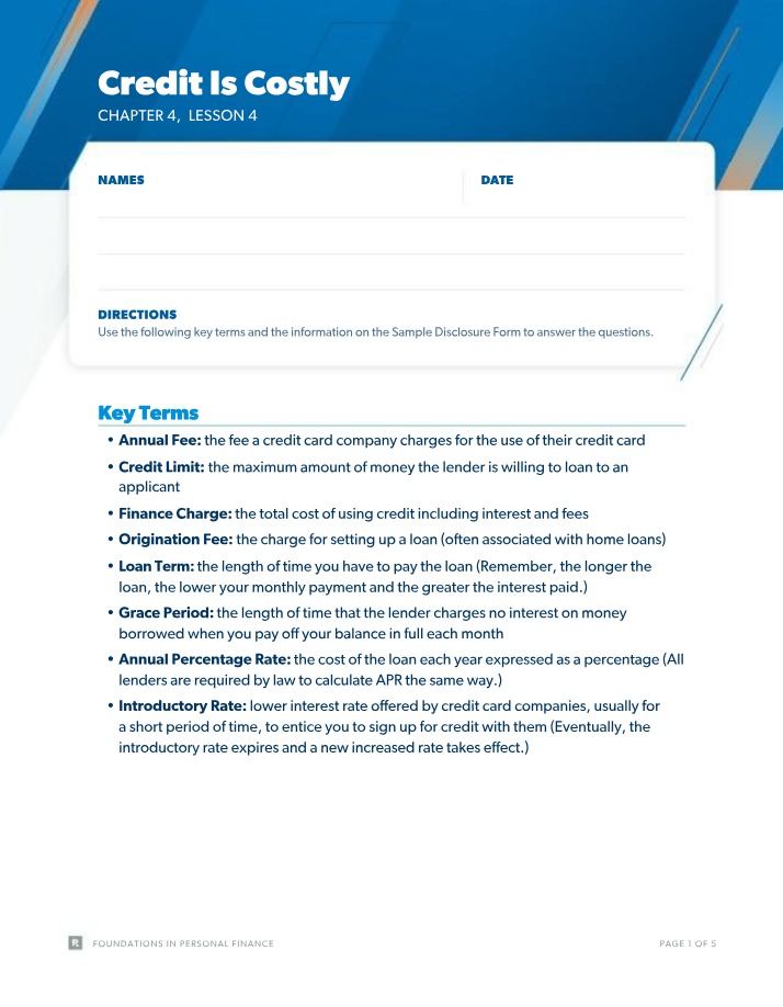 Loans and Credit Cards - Credit Costs and Terms