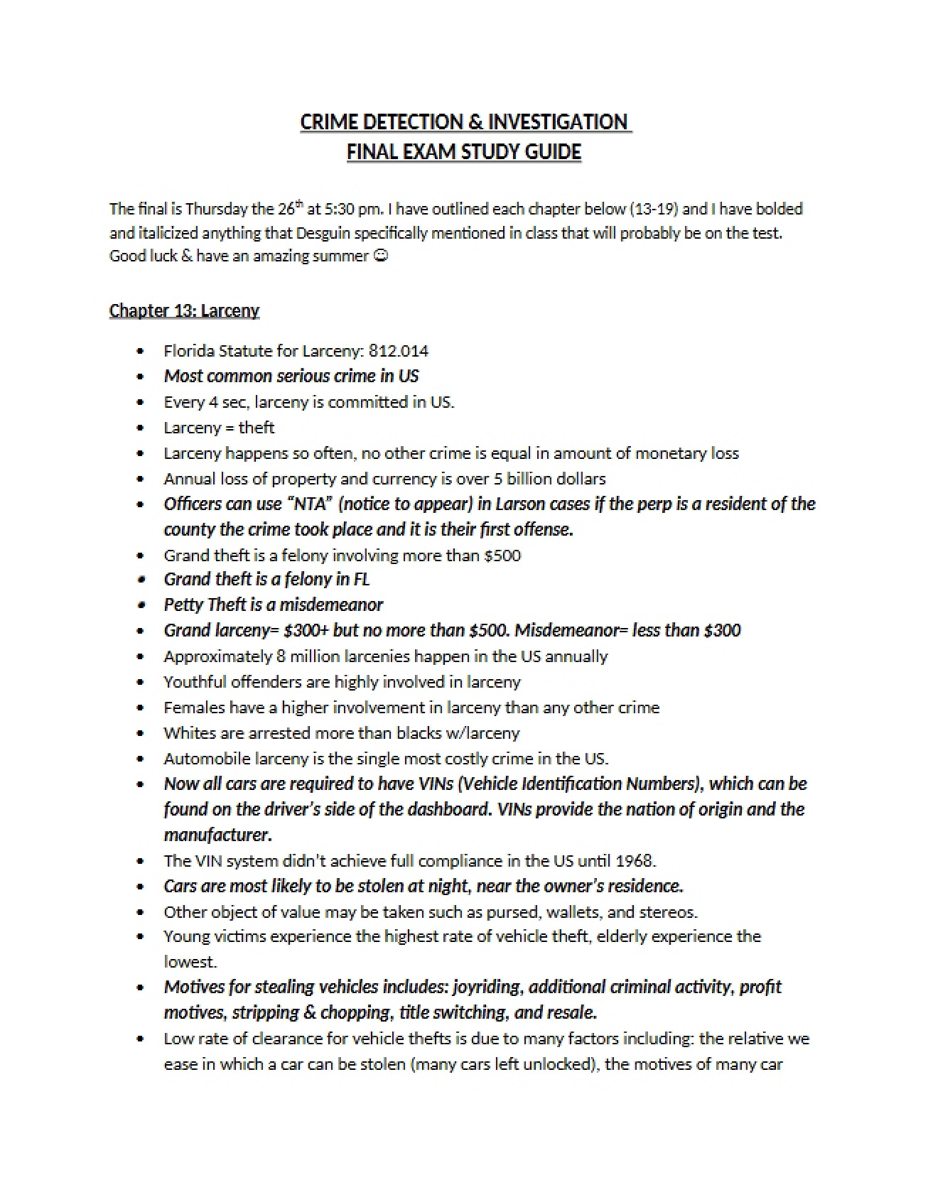 Study Guide for the Final Crime Investigation Exam