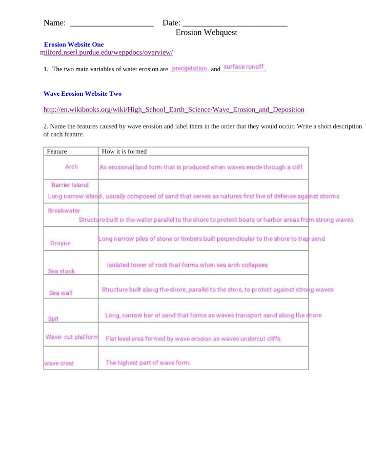 Webquest on Wave, Wind, and Glacier Erosion