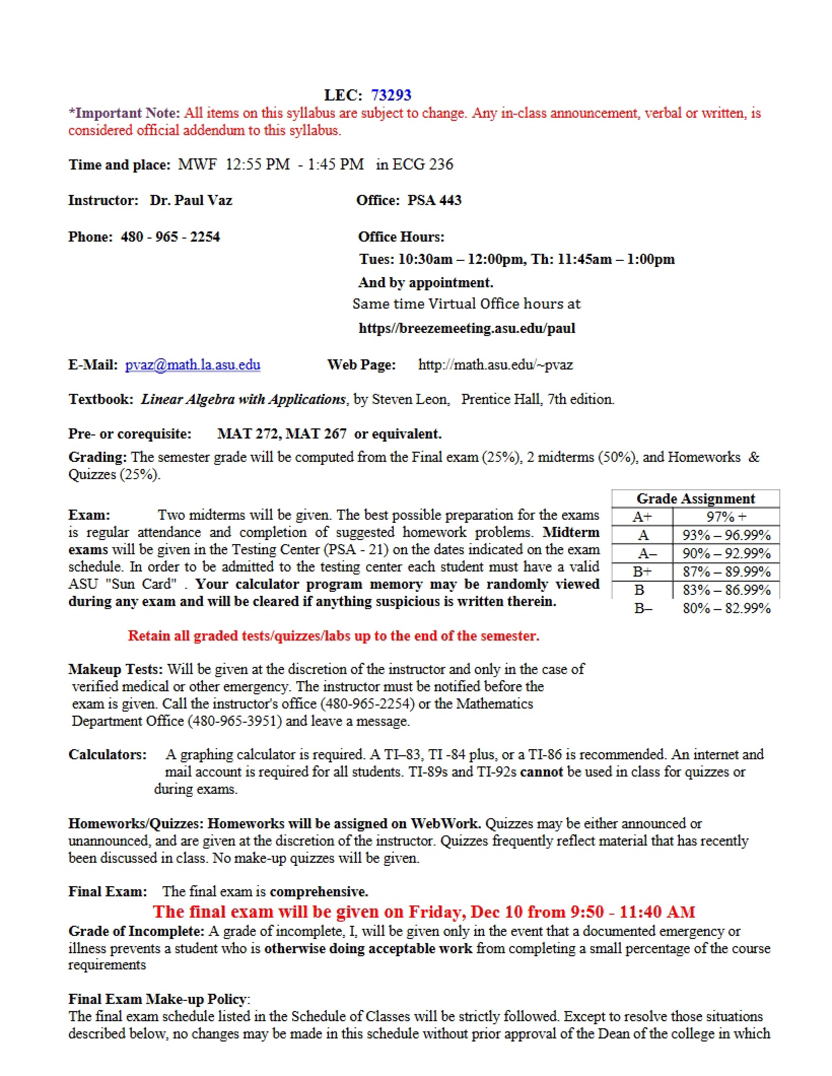 Syllabus for Linear Algebra