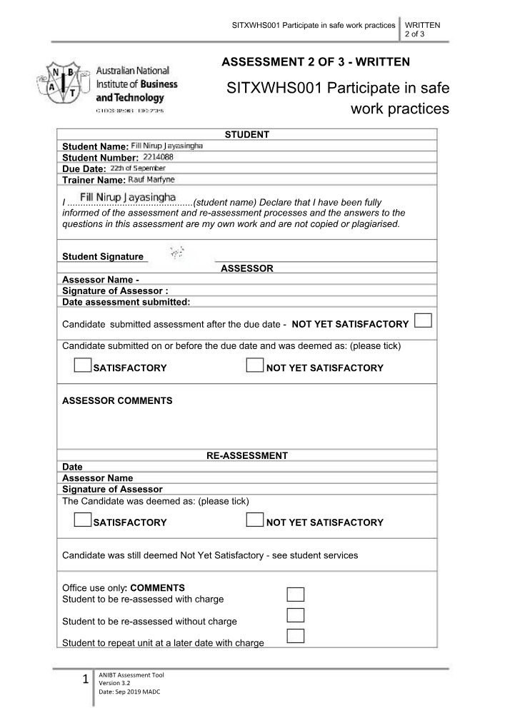Participate in Safe Work Practices - Written Assessment 2 of 3