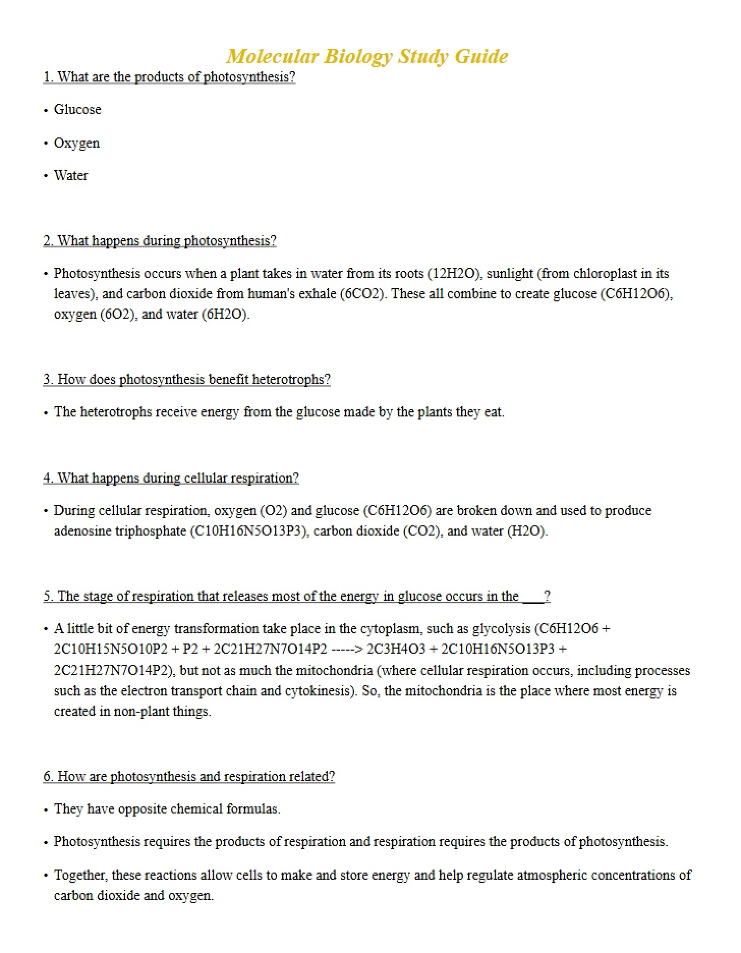 Study Guide Molecular Biology