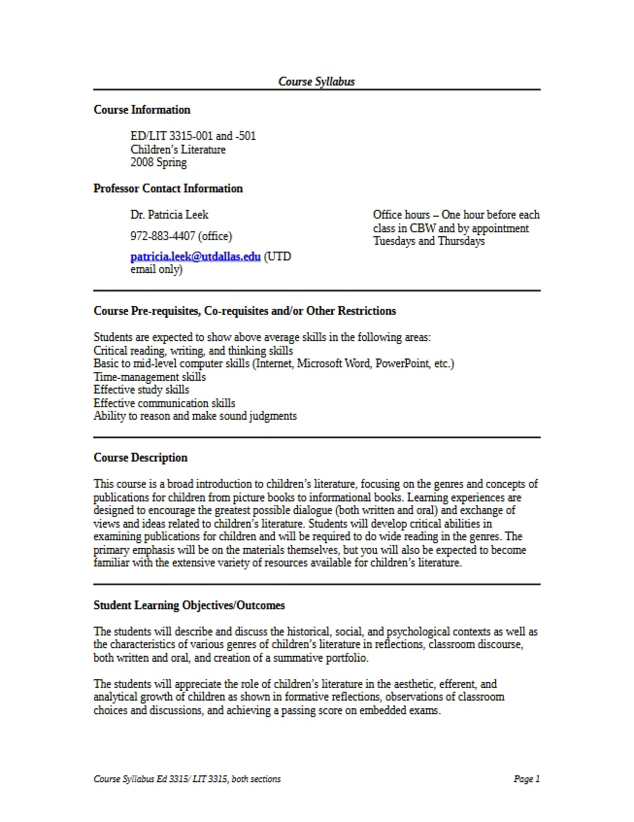 Children's Literature Course Syllabus