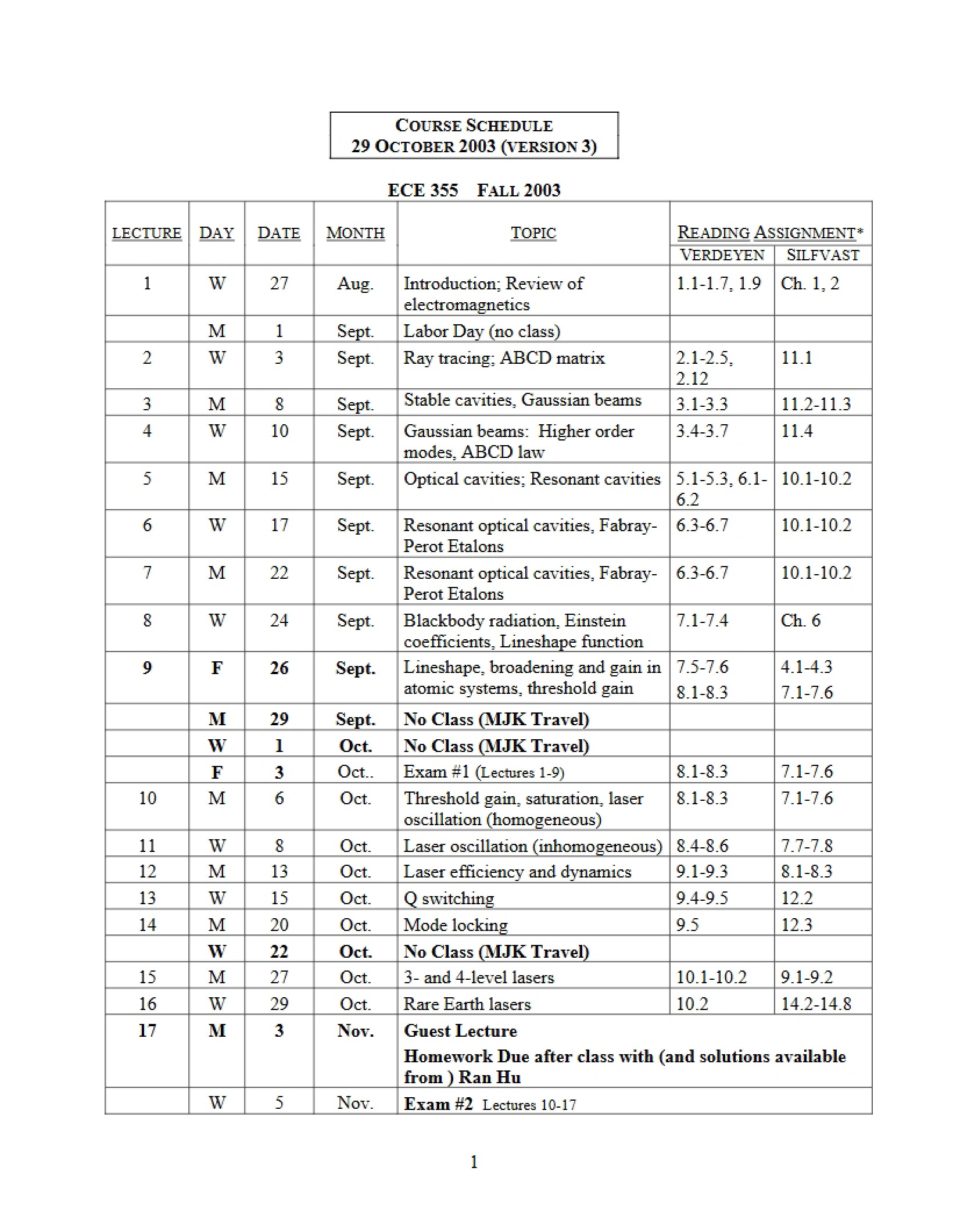 Course Schedule ECE 355