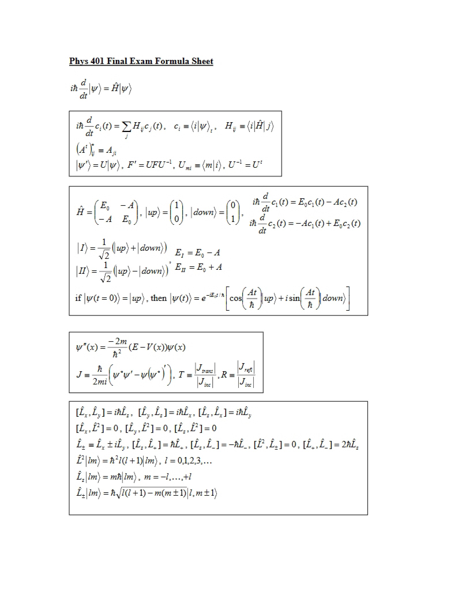 Formula Sheet for Final Exam