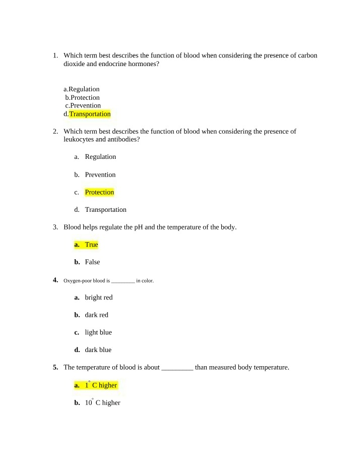 Quiz on Blood and Cardiac Output