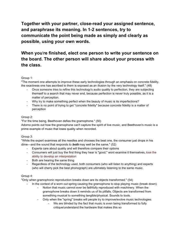 Paraphrasing Activity - Adorno
