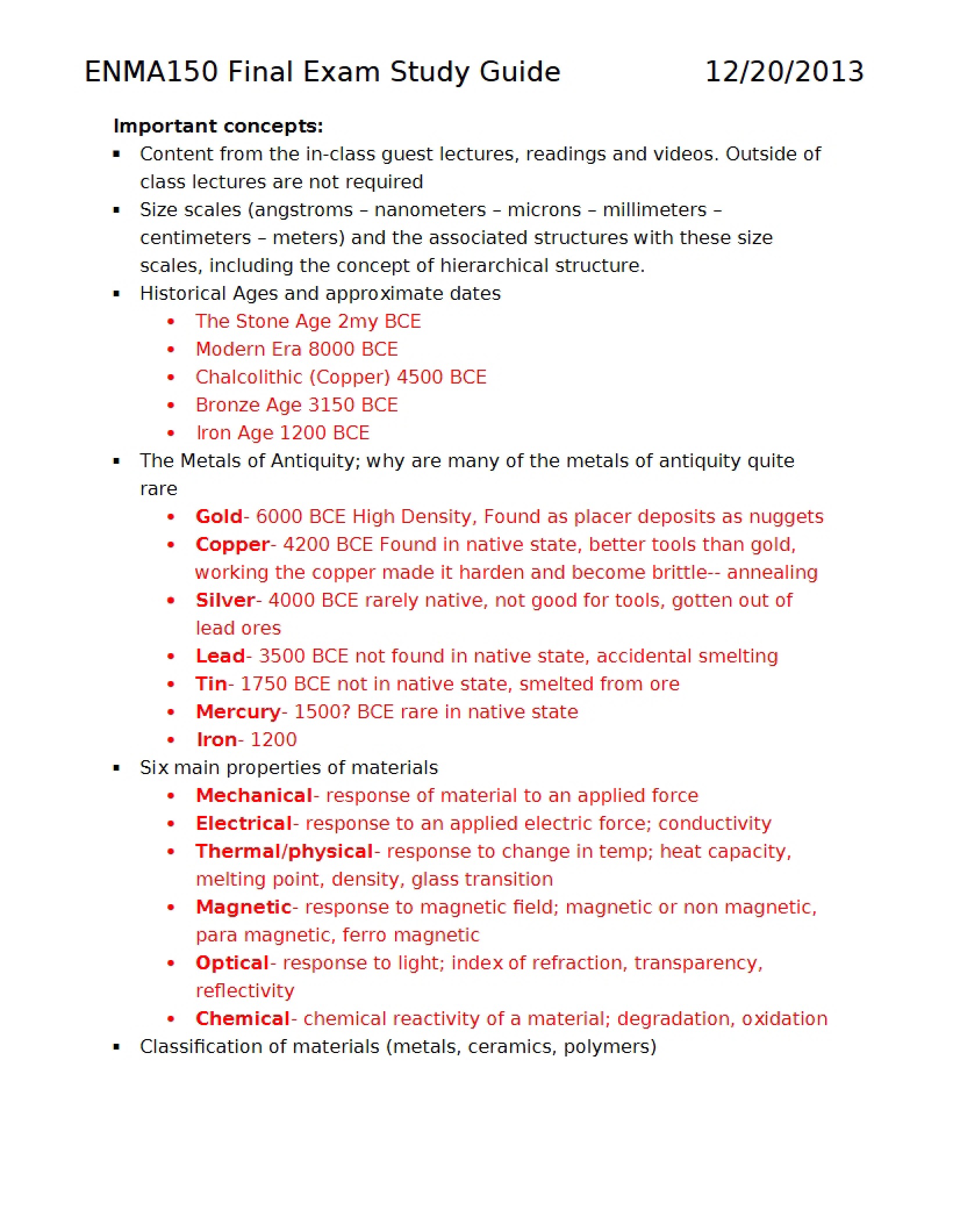 Guide for Final Exam Study