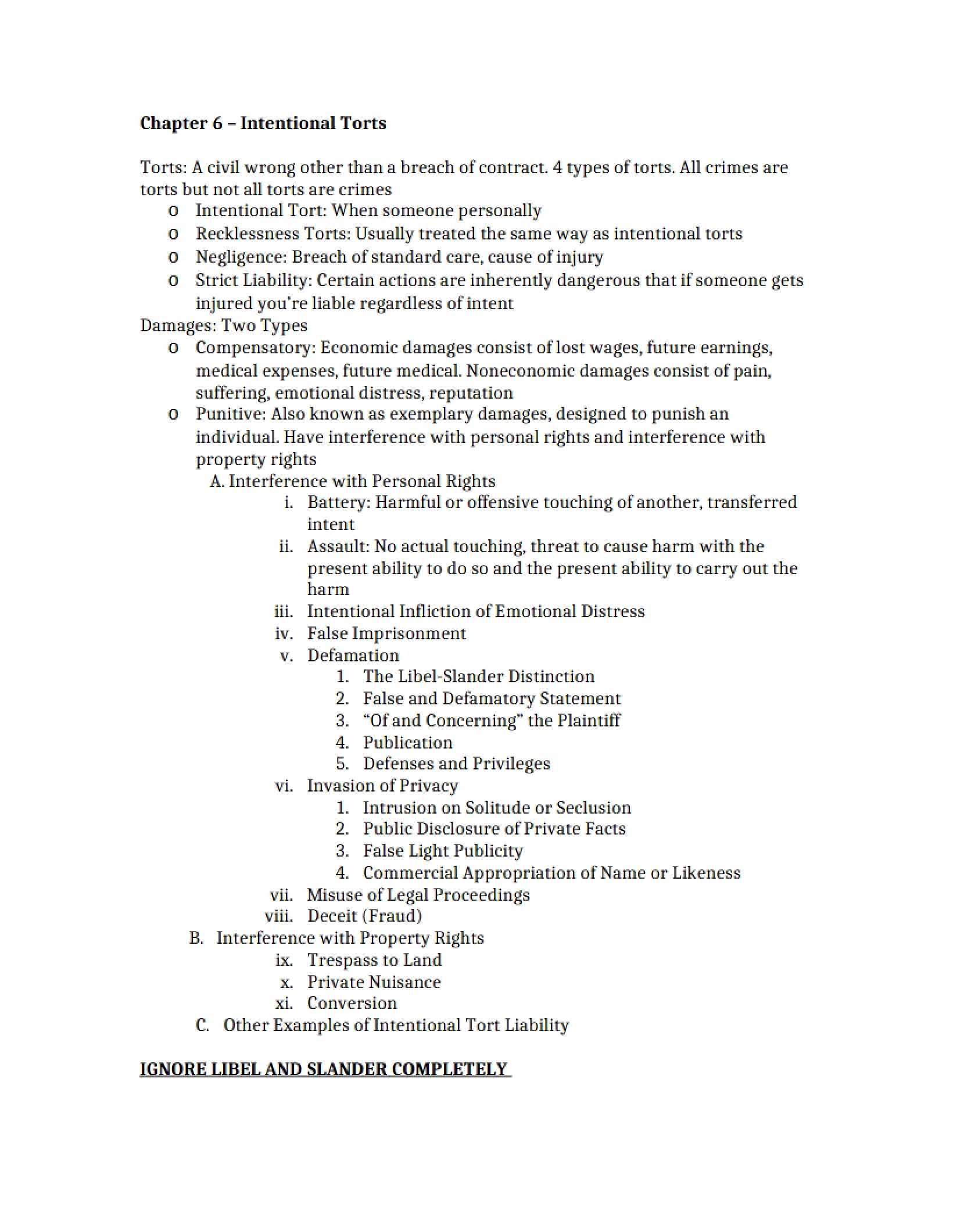 Intentional Torts Chapter 6