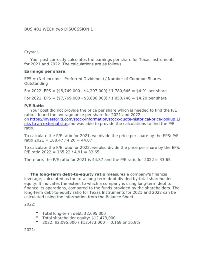 Earnings per Share and PE Ratio Calculation for Texas