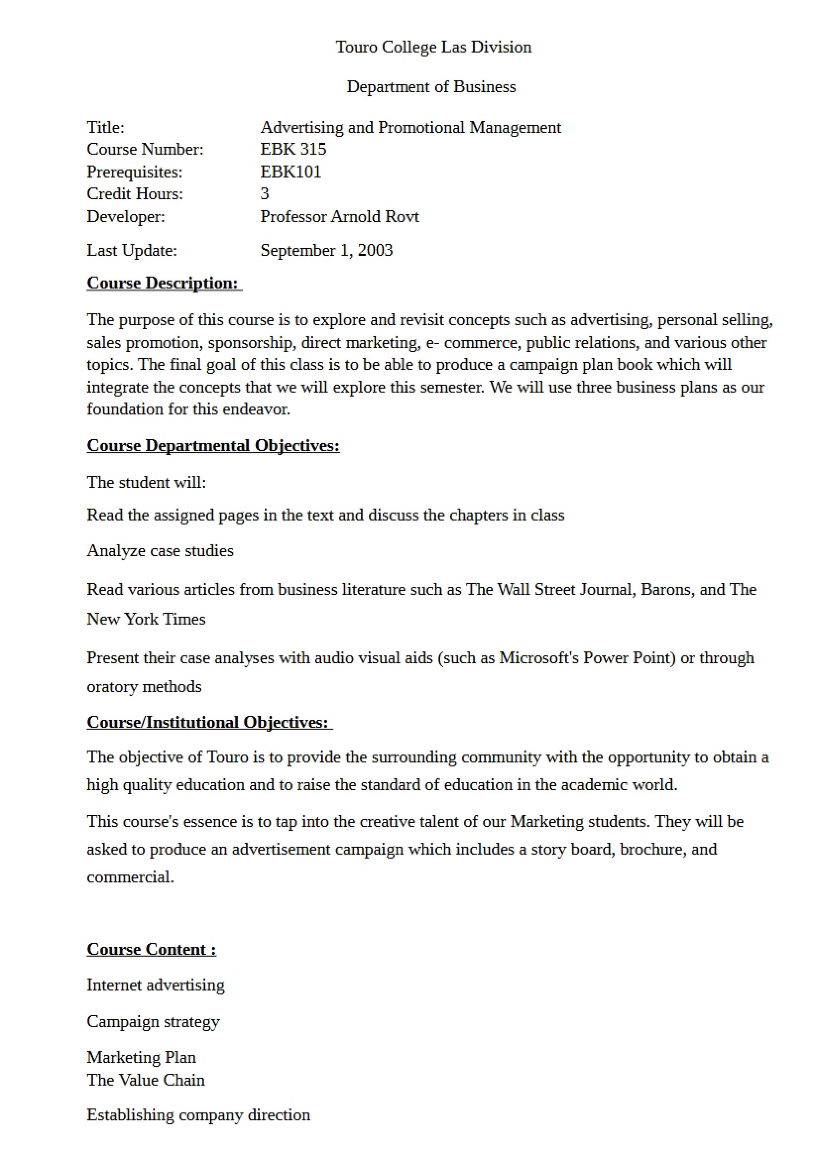 Promotion Management and Advertising Syllabus