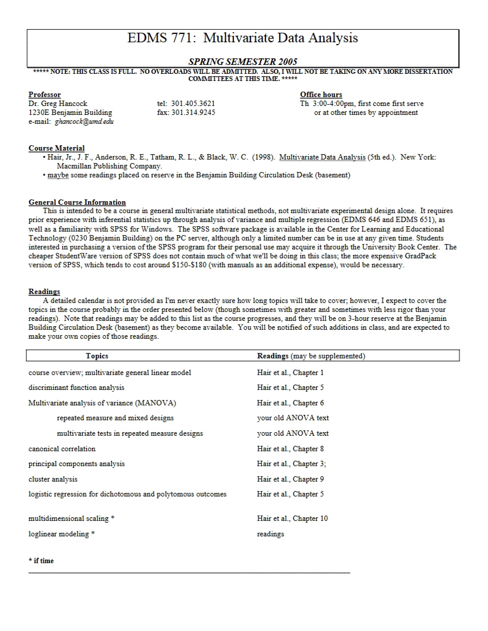 Multivariate Analysis Syllabus