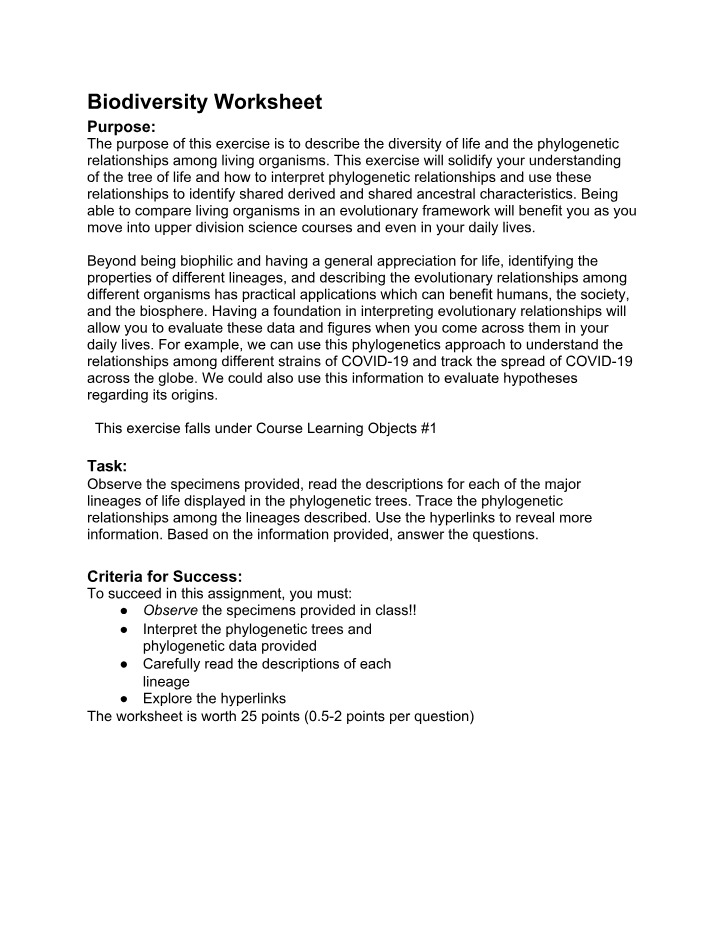 Biodiversity Worksheet Set A