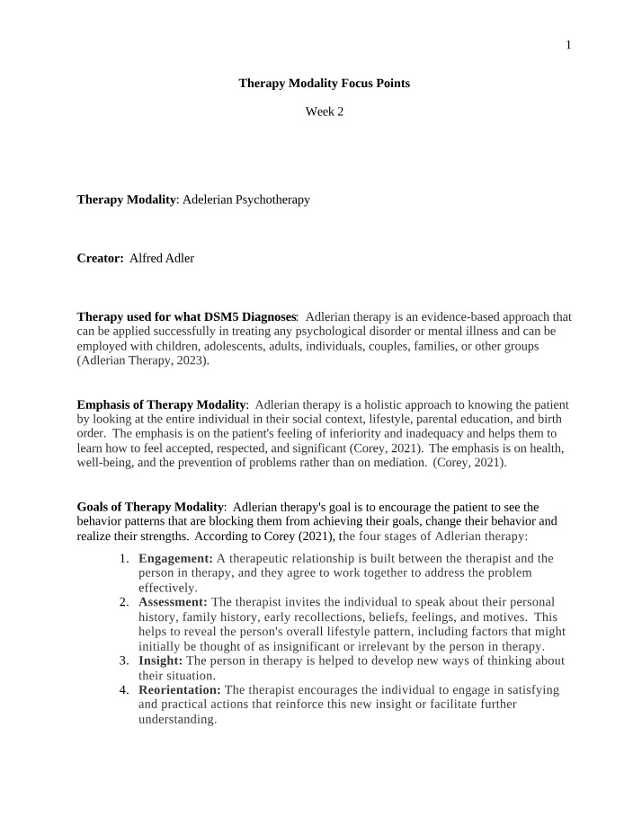 Adlerian Therapy - Week 2 Focus Points