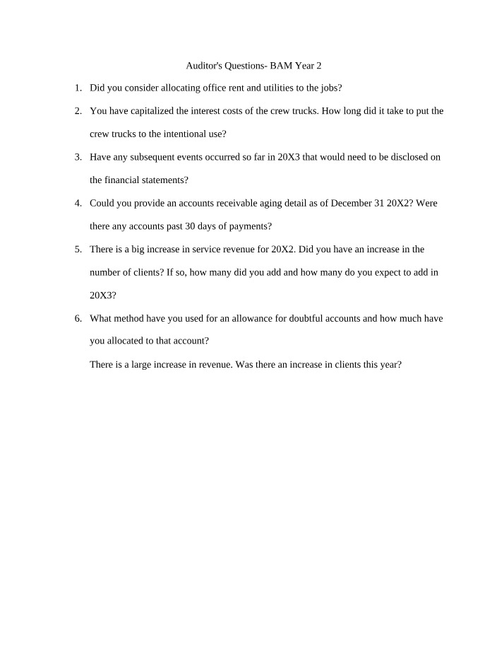 Auditor's Questions for BAM Year 2