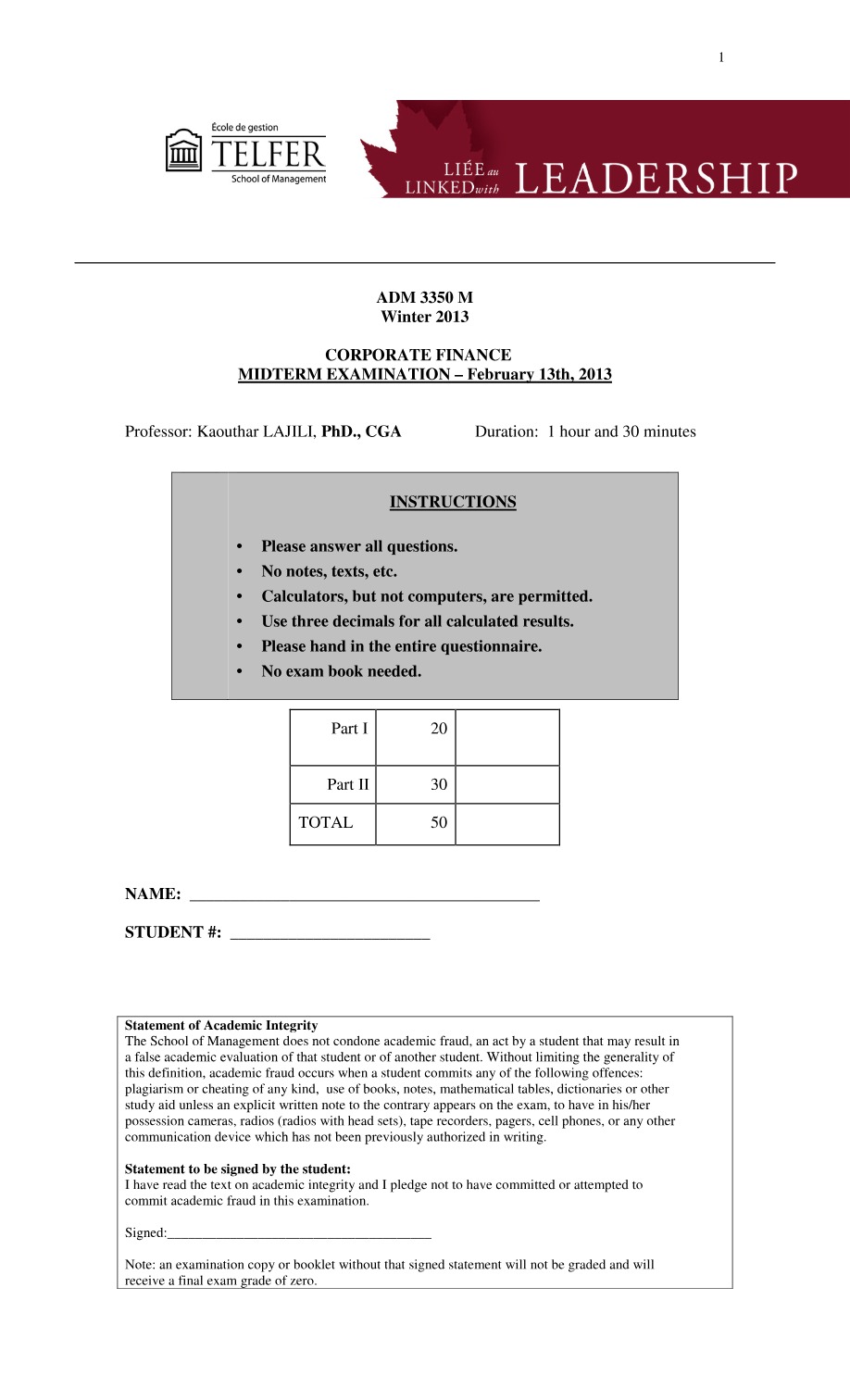 Midterm Examination for ADM 3350