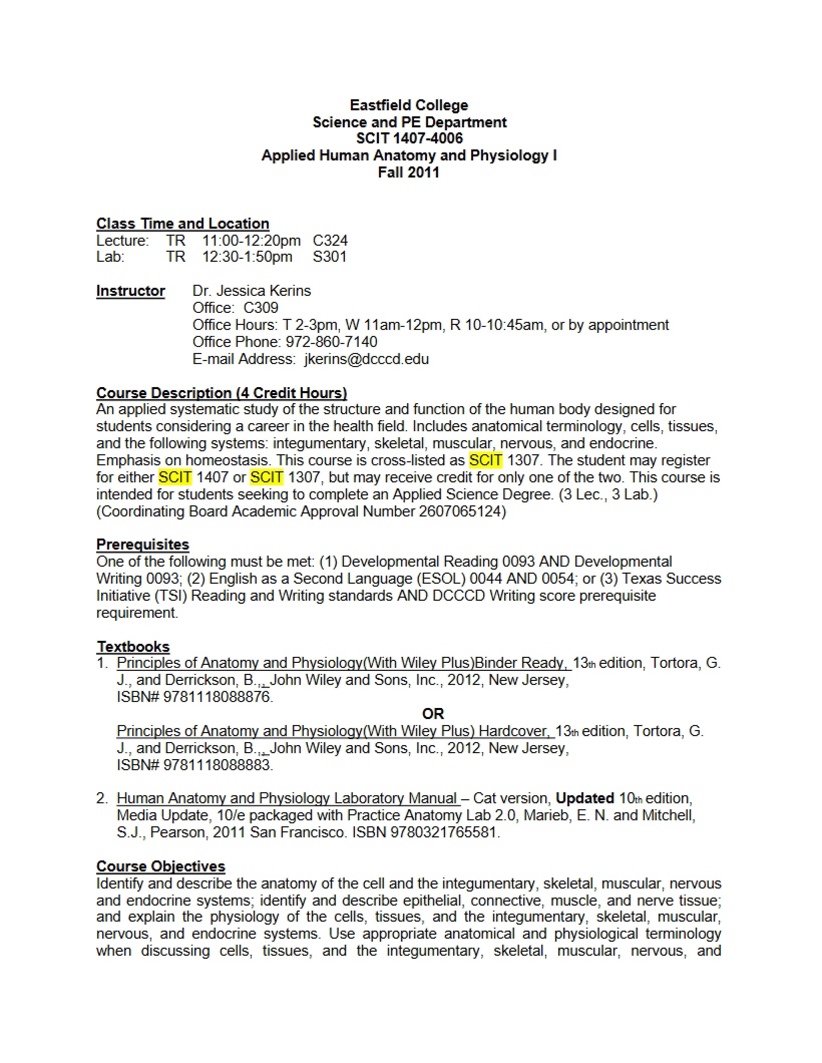 Applied Human Anatomy and Physiology I Syllabus