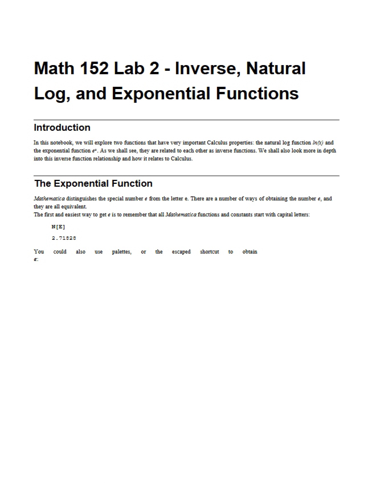 Lab 2 on Exponential, Natural Log, and Inverse Functions