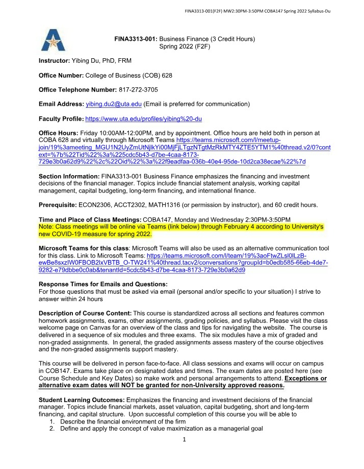 FINA3313 Business Finance Syllabus - Spring 2022