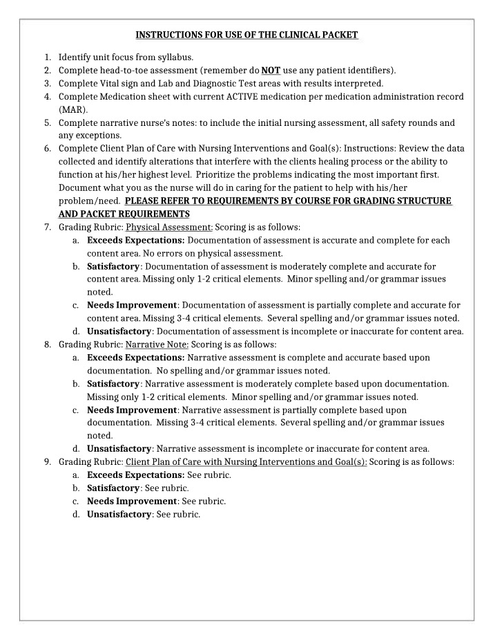 Clinical Packet Assessment - Completion Instructions