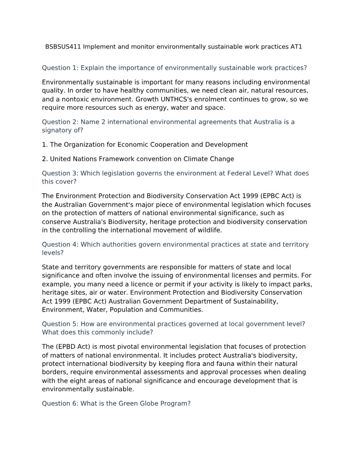 AT1 - Implement and Monitor Environmentally Sustainable Work Practices