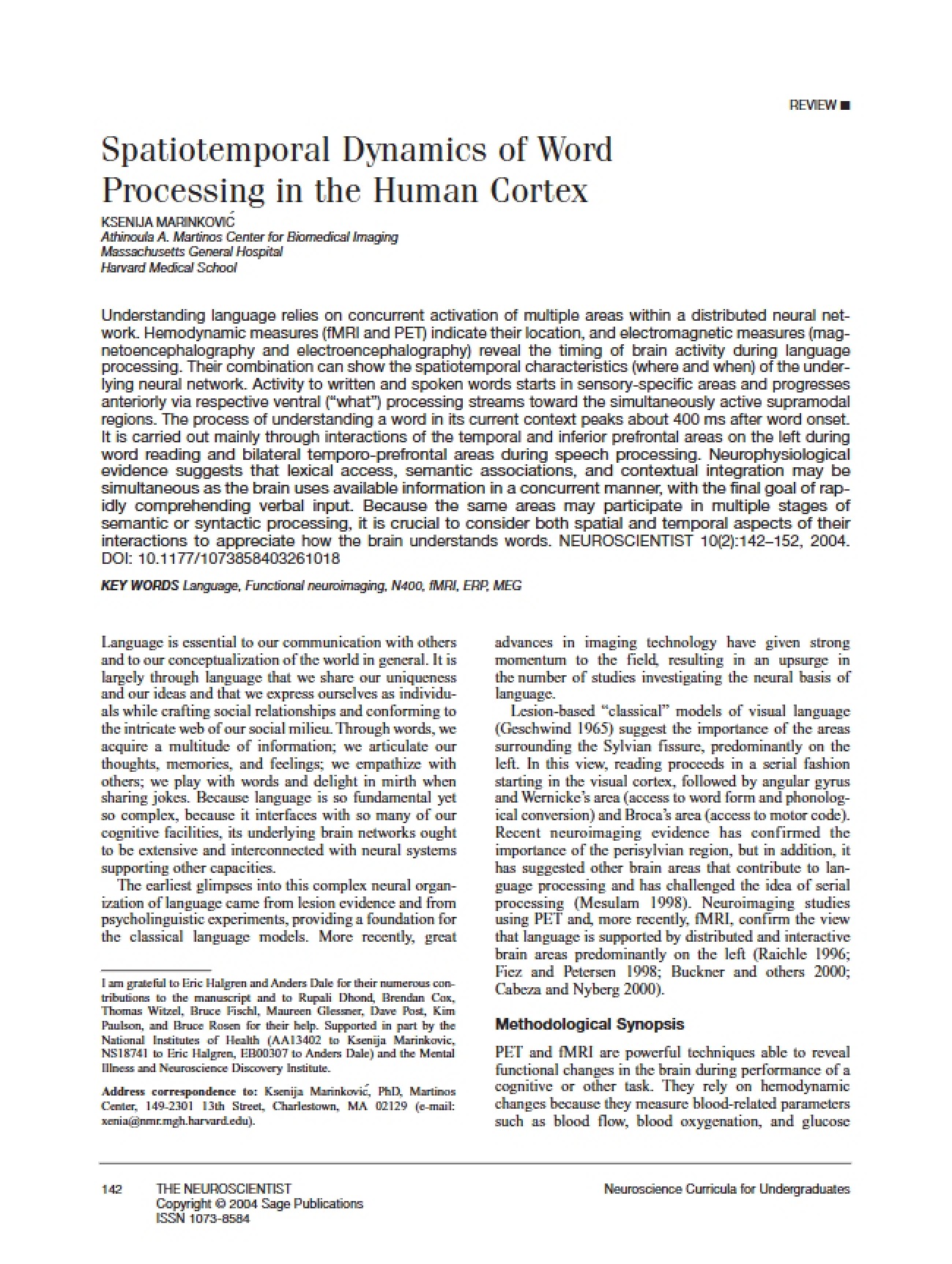Timing and Location of Brain Word Processing