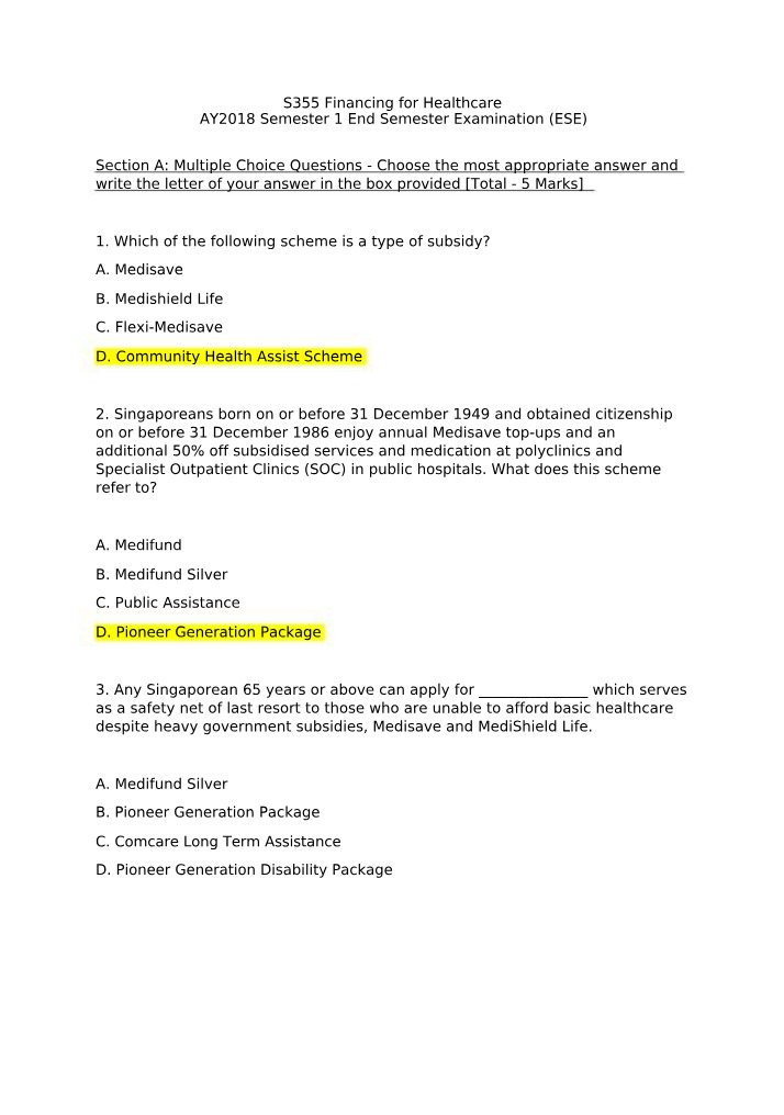 S355 Financing for Healthcare - AY2018 Semester 1 ESE
